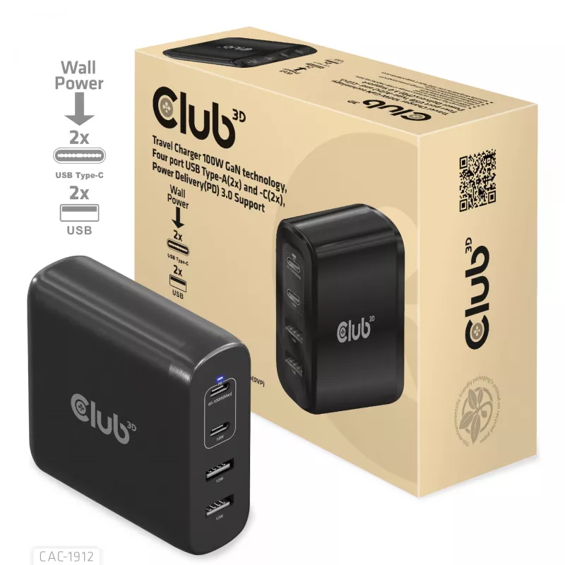 CLUB3D reisilaadija 100W GaN-tehnoloogiaga, nelja pordiga USB Type-A (2x) ja -C (2x), Power Delivery (PD) 3.0 tugi