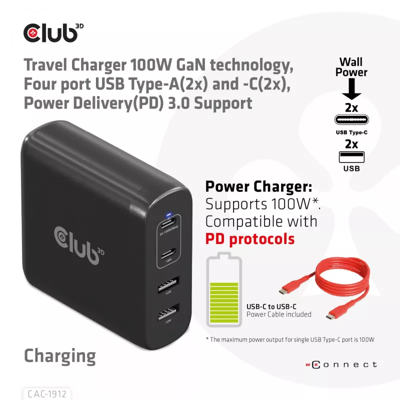 CLUB3D reisilaadija 100W GaN-tehnoloogiaga, nelja pordiga USB Type-A (2x) ja -C (2x), Power Delivery (PD) 3.0 tugi