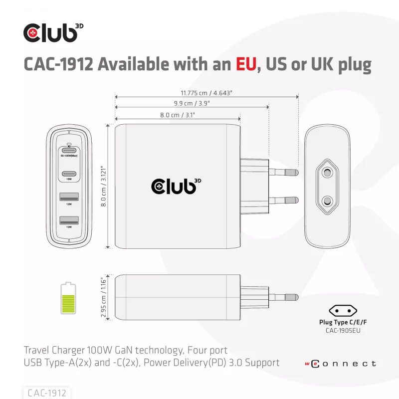 CLUB3D reisilaadija 100W GaN-tehnoloogiaga, nelja pordiga USB Type-A (2x) ja -C (2x), Power Delivery (PD) 3.0 tugi