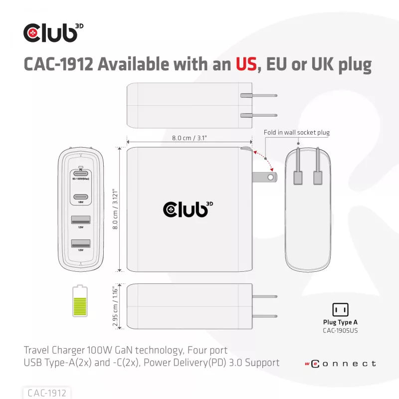 CLUB3D reisilaadija 100W GaN-tehnoloogiaga, nelja pordiga USB Type-A (2x) ja -C (2x), Power Delivery (PD) 3.0 tugi