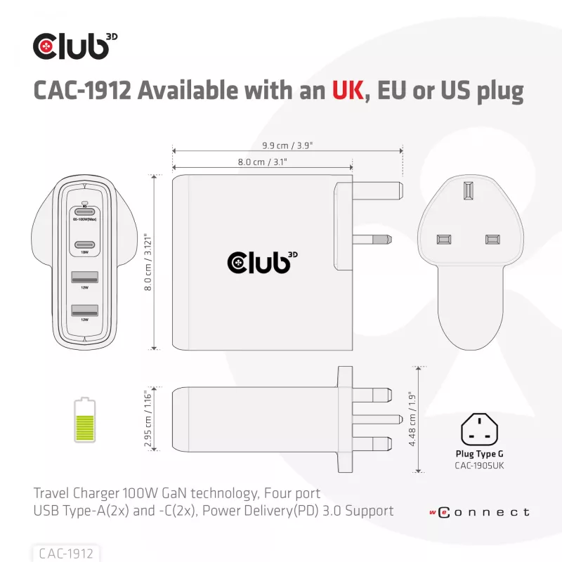 CLUB3D reisilaadija 100W GaN-tehnoloogiaga, nelja pordiga USB Type-A (2x) ja -C (2x), Power Delivery (PD) 3.0 tugi
