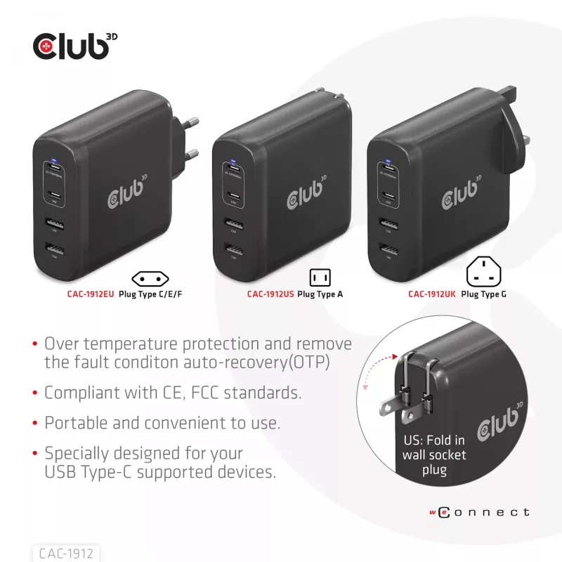 CLUB3D reisilaadija 100W GaN-tehnoloogiaga, nelja pordiga USB Type-A (2x) ja -C (2x), Power Delivery (PD) 3.0 tugi
