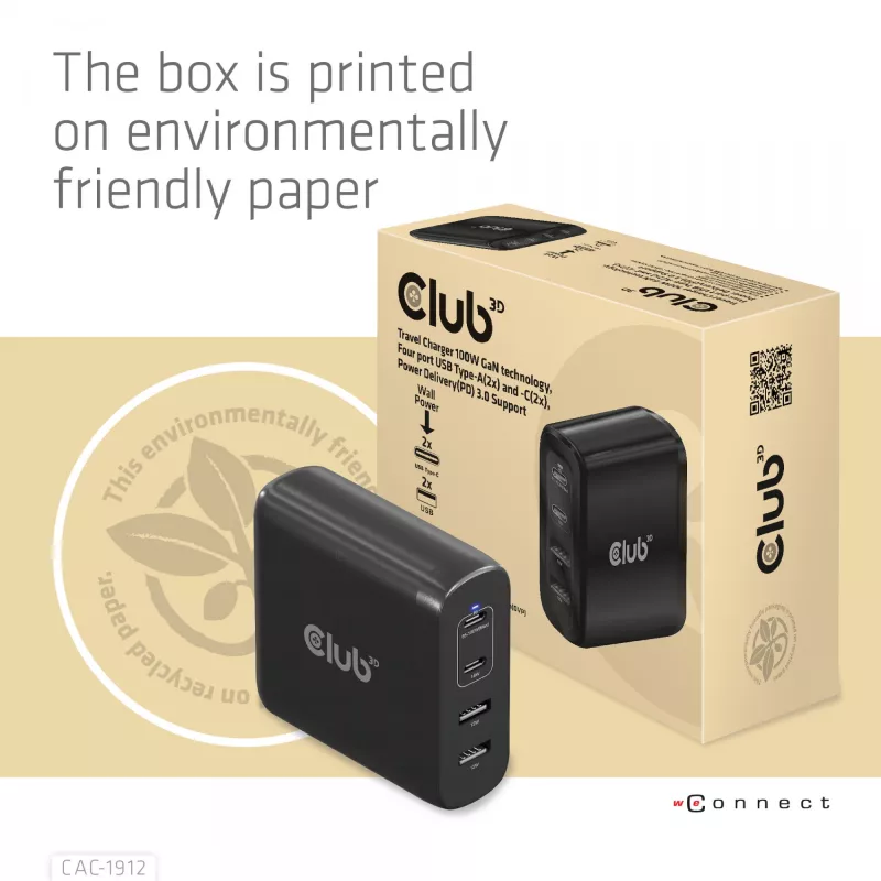 CLUB3D reisilaadija 100W GaN-tehnoloogiaga, nelja pordiga USB Type-A (2x) ja -C (2x), Power Delivery (PD) 3.0 tugi
