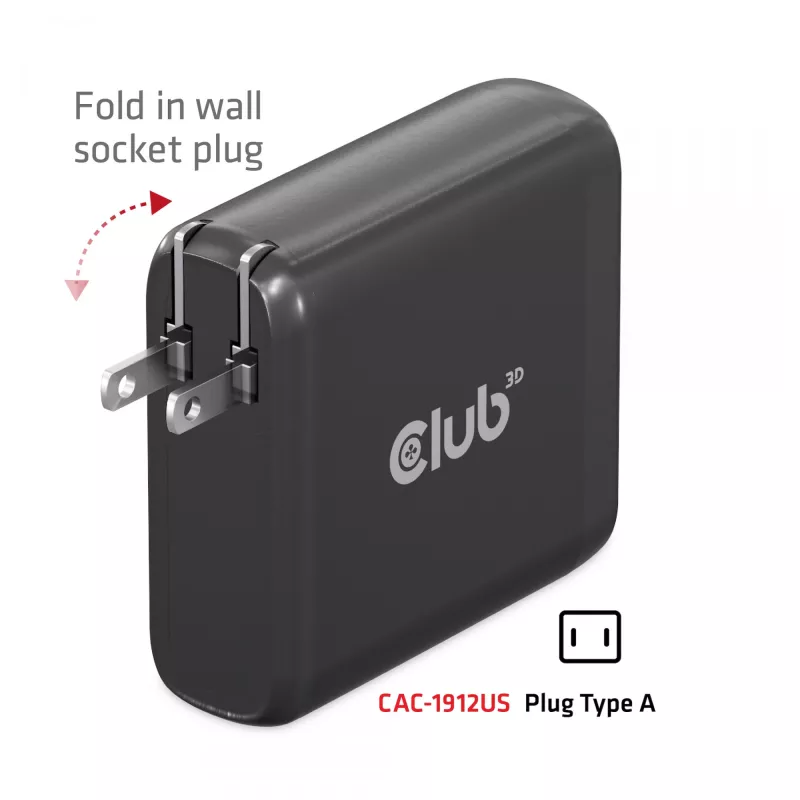 CLUB3D reisilaadija 100W GaN-tehnoloogiaga, nelja pordiga USB Type-A (2x) ja -C (2x), Power Delivery (PD) 3.0 tugi