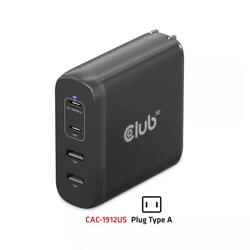 CLUB3D reisilaadija 100W GaN-tehnoloogiaga, nelja pordiga USB Type-A (2x) ja -C (2x), Power Delivery (PD) 3.0 tugi