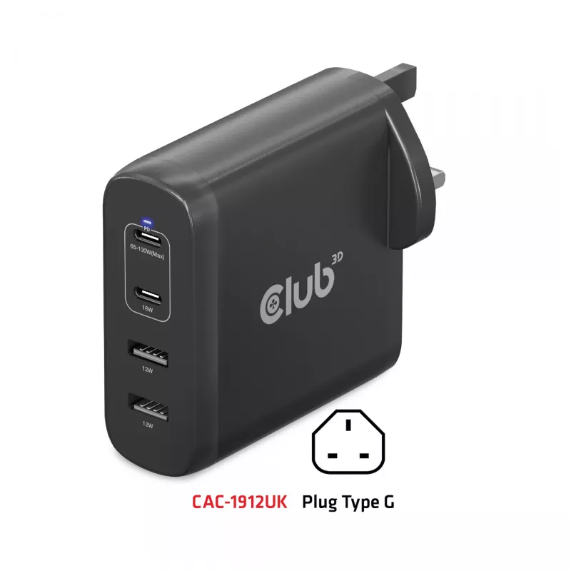 CLUB3D reisilaadija 100W GaN-tehnoloogiaga, nelja pordiga USB Type-A (2x) ja -C (2x), Power Delivery (PD) 3.0 tugi