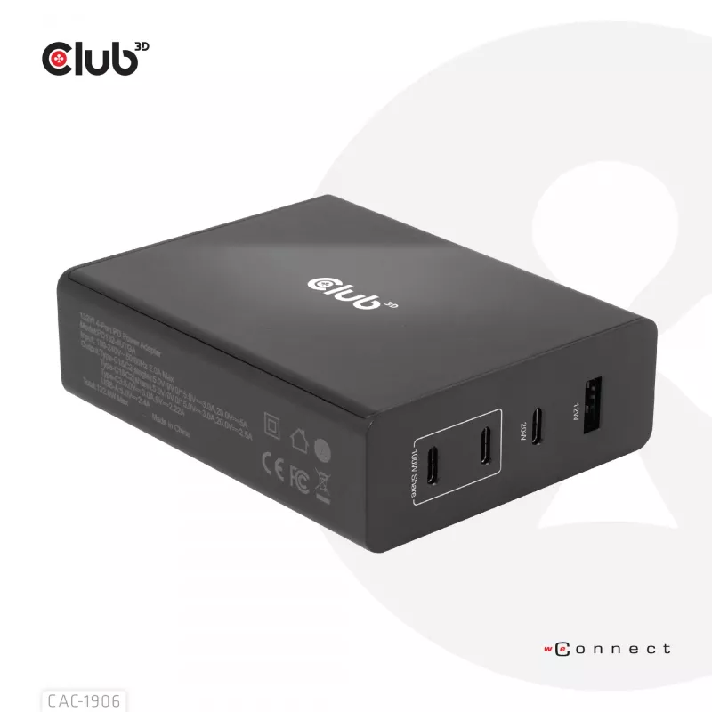 CLUB3D Travel Charger 132W GAN tehnoloogiaga, nelja pordiga USB Type-A ja -C, toega Power Delivery(PD) 3.0