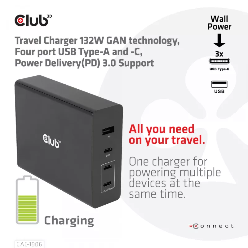 CLUB3D Travel Charger 132W GAN tehnoloogiaga, nelja pordiga USB Type-A ja -C, toega Power Delivery(PD) 3.0