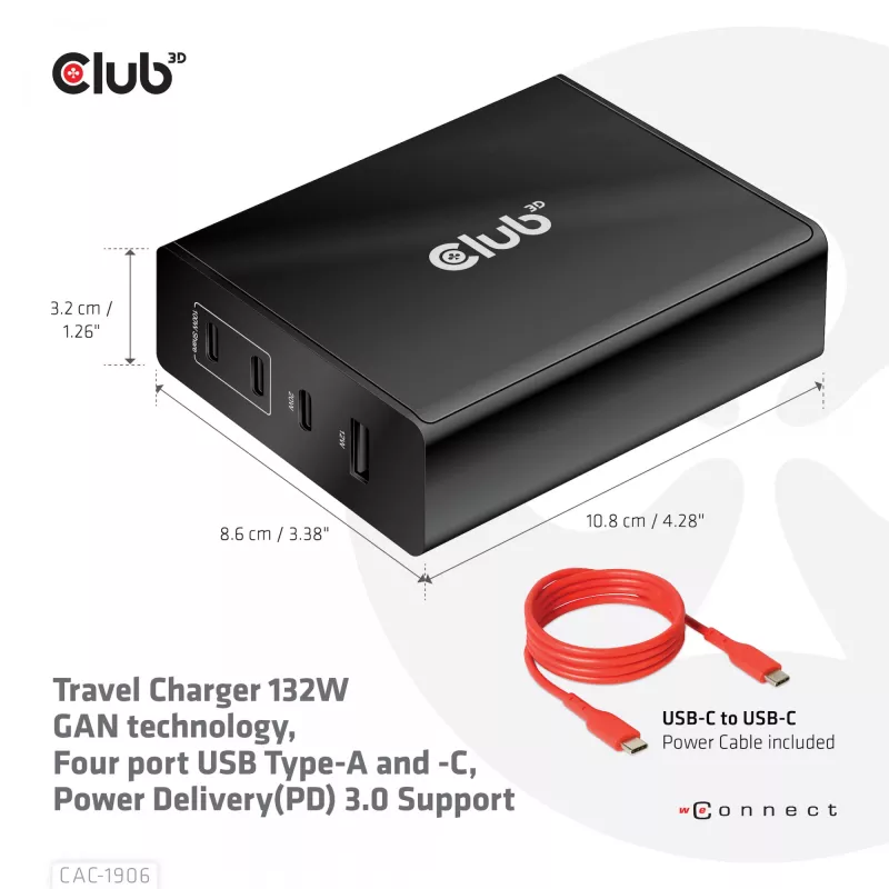 CLUB3D Travel Charger 132W GAN tehnoloogiaga, nelja pordiga USB Type-A ja -C, toega Power Delivery(PD) 3.0