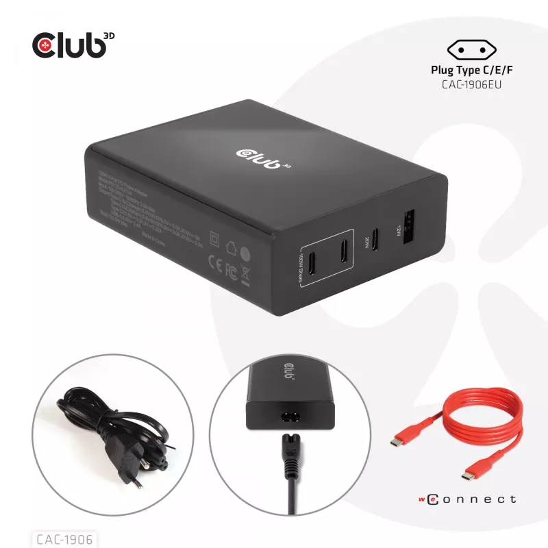 CLUB3D Travel Charger 132W GAN tehnoloogiaga, nelja pordiga USB Type-A ja -C, toega Power Delivery(PD) 3.0