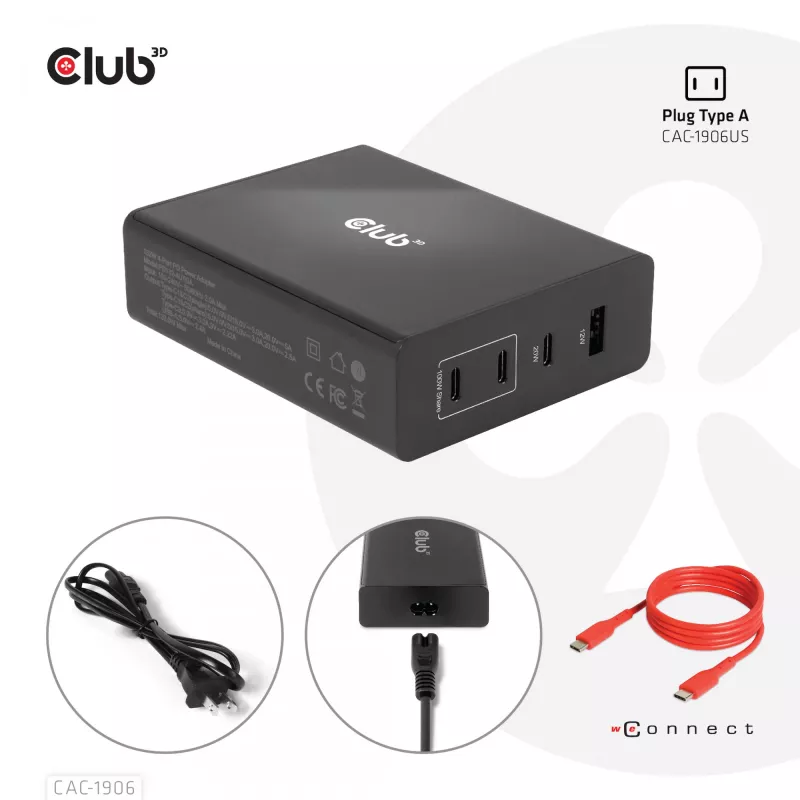 CLUB3D Travel Charger 132W GAN tehnoloogiaga, nelja pordiga USB Type-A ja -C, toega Power Delivery(PD) 3.0