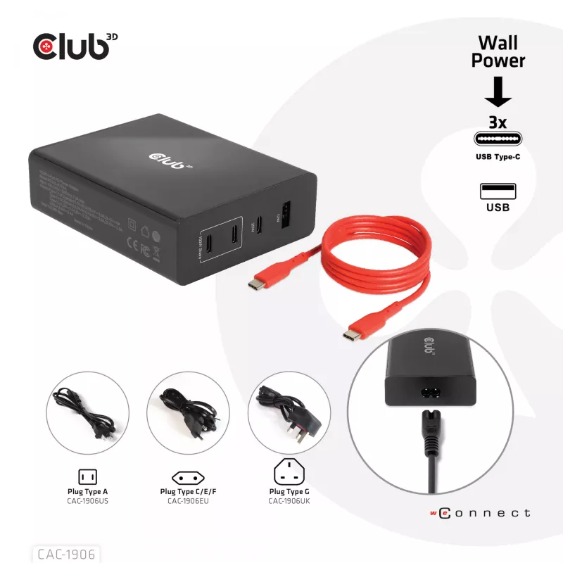 CLUB3D Travel Charger 132W GAN tehnoloogiaga, nelja pordiga USB Type-A ja -C, toega Power Delivery(PD) 3.0