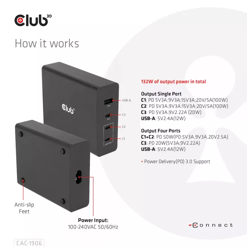 CLUB3D Travel Charger 132W GAN tehnoloogiaga, nelja pordiga USB Type-A ja -C, toega Power Delivery(PD) 3.0