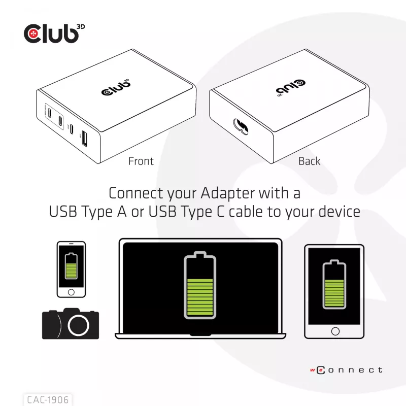 CLUB3D Travel Charger 132W GAN tehnoloogiaga, nelja pordiga USB Type-A ja -C, toega Power Delivery(PD) 3.0