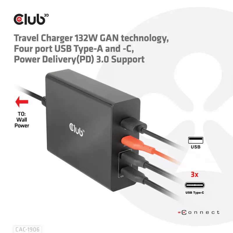 CLUB3D Travel Charger 132W GAN tehnoloogiaga, nelja pordiga USB Type-A ja -C, toega Power Delivery(PD) 3.0