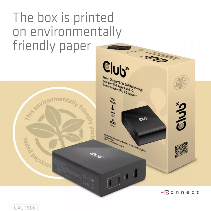 CLUB3D Travel Charger 132W GAN tehnoloogiaga, nelja pordiga USB Type-A ja -C, toega Power Delivery(PD) 3.0