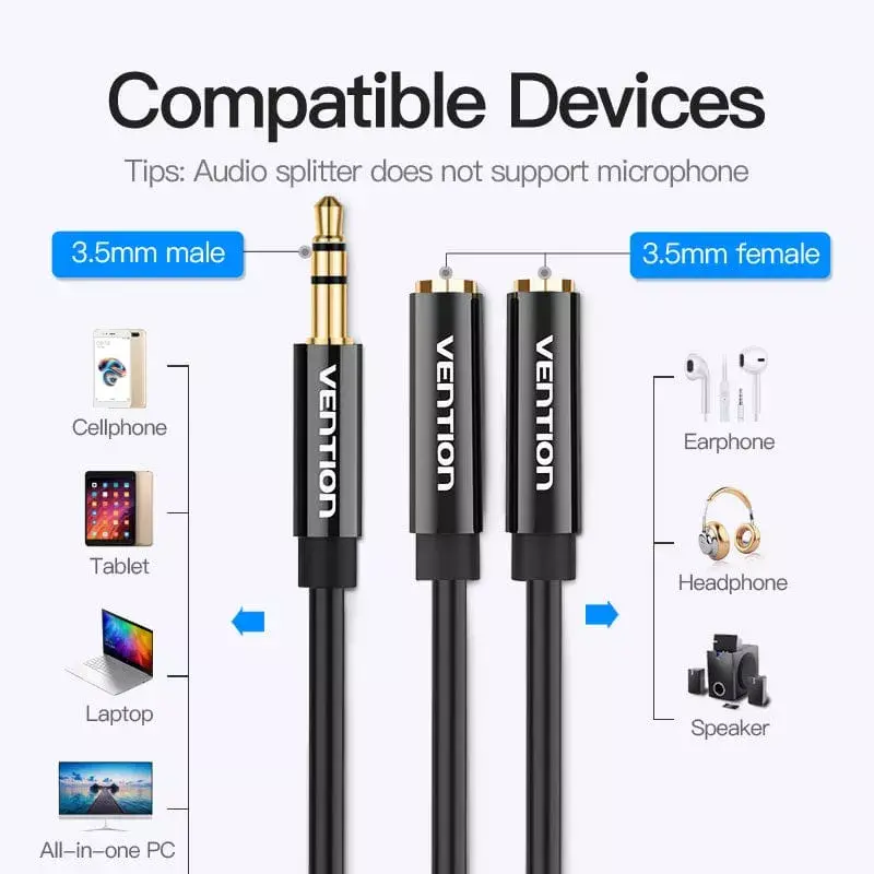 Vention 3,5 mm isane kuni 2*3,5 mm emane stereojagurkaabel 0,3 M must ABS