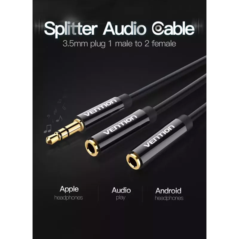 Vention 3,5 mm isane kuni 2*3,5 mm emane stereojagurkaabel 0,3 M must ABS