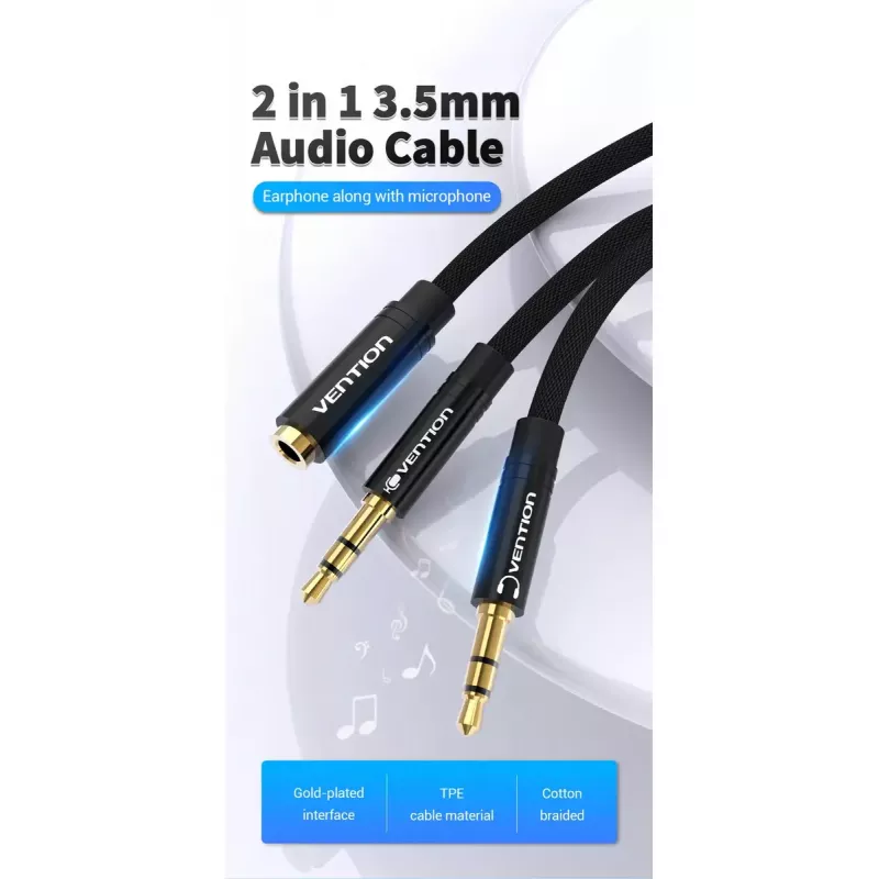 Heliadapteri kaabel Vention 2×3,5 mm isane kuni 4‑pooluseline 3,5 mm emane, 0,3 m, must