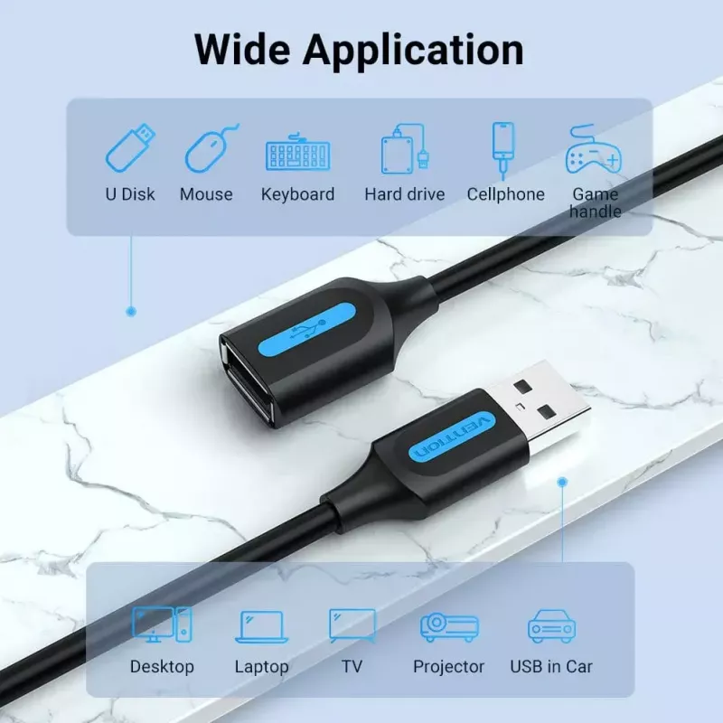 Vention USB 2.0 A-pistik A emasele pikenduskaabel 2M must PVC