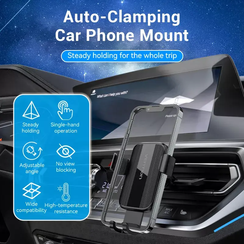 Autoventiiliaatori telefoni hoidik Vention KCTB0 — passiivne automaatkinnitusega hoidik 4.7–7.2-tollistele telefonidele, must, ABS/TPU, 117.6×73×84.3 mm