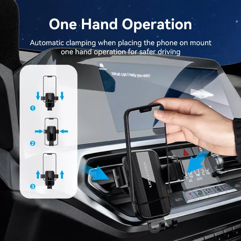 Autoventiiliaatori telefoni hoidik Vention KCTB0 — passiivne automaatkinnitusega hoidik 4.7–7.2-tollistele telefonidele, must, ABS/TPU, 117.6×73×84.3 mm