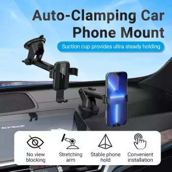 Autotelefoni kinnitus Vention KCOB0 — automaatselt kinnituv iminapp, klambrikinnitus nutitelefonidele, must, laius 73 mm, kõrgus 117,6 mm