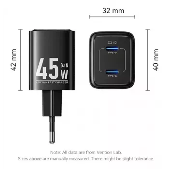 Vention FEFW0-EU vahelduvvoolu siselaadija 45 W, 2x USB-C, ühildub nutitelefon sülearvuti tahvelarvuti nutikell kõrvaklapid, valge