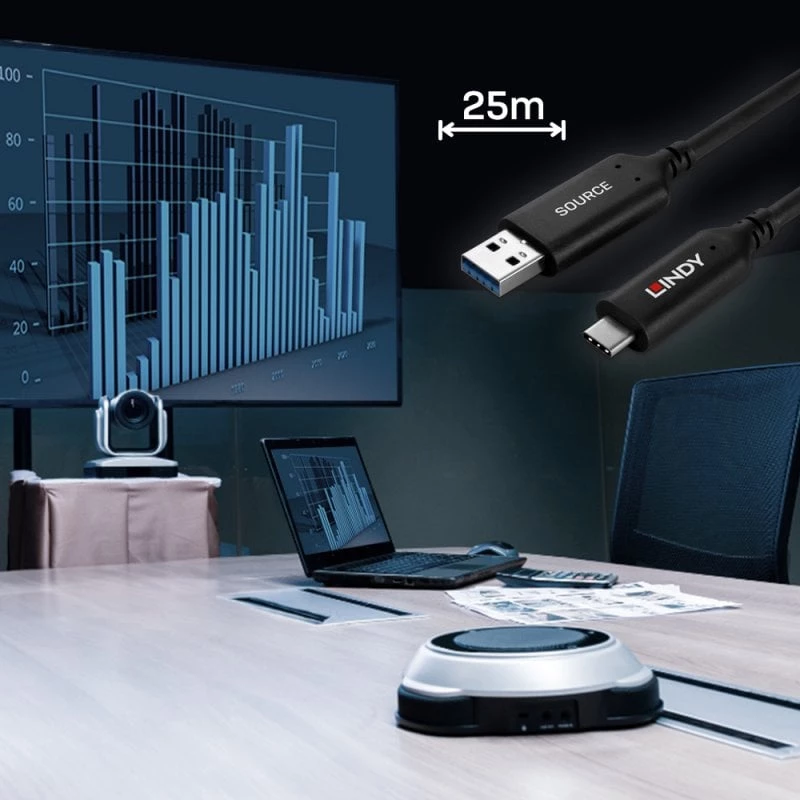 Lindy 25m USB 3.2 Gen 1 Type A to C fiiberoptiline hübriidkaabel