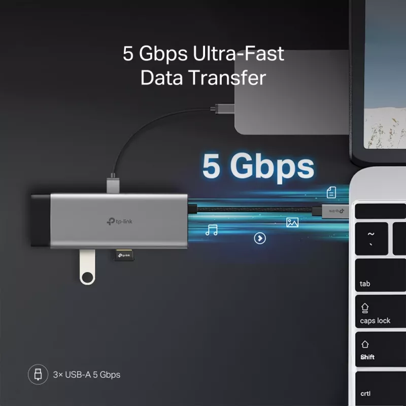 USB USB-C jaotur TP-Link UH7021C — HDMI, USB 3.2 Gen1, USB 2.0, SD/microSD, 5000 Mbit/s, Alumiinium Must