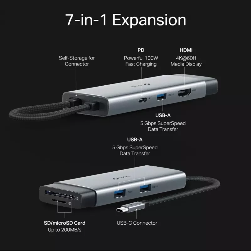 USB USB-C jaotur TP-Link UH7021C — HDMI, USB 3.2 Gen1, USB 2.0, SD/microSD, 5000 Mbit/s, Alumiinium Must