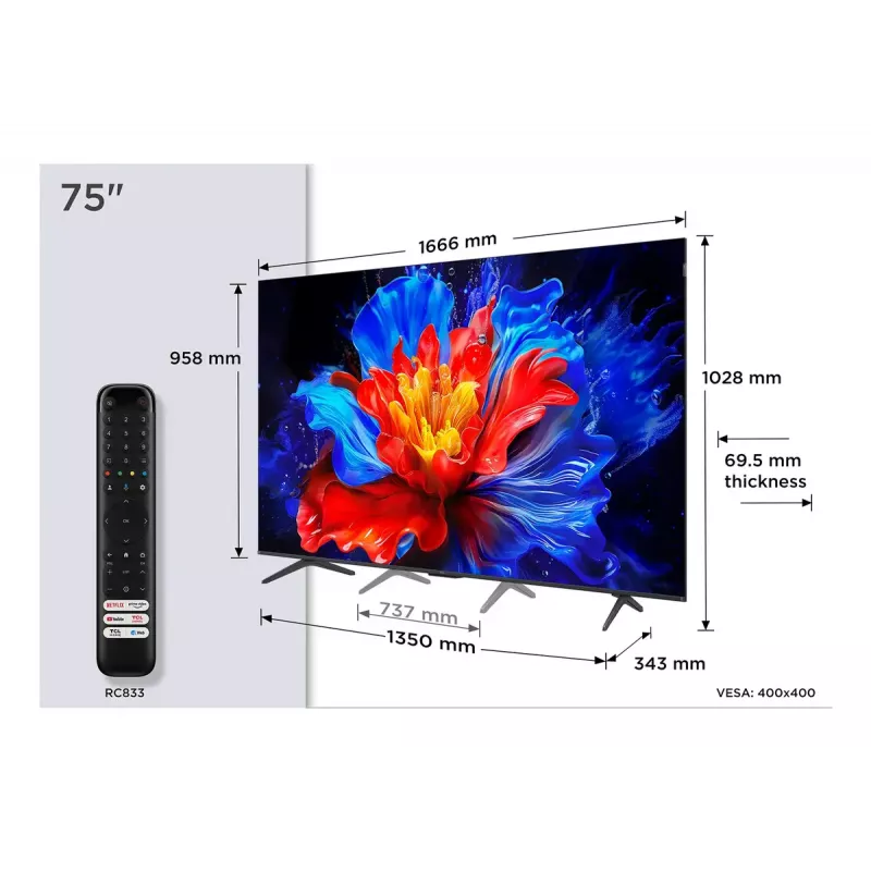 Televiisor TCL P8K 75 tolli 4K QLED HDR-ekraan 3840 x 2160