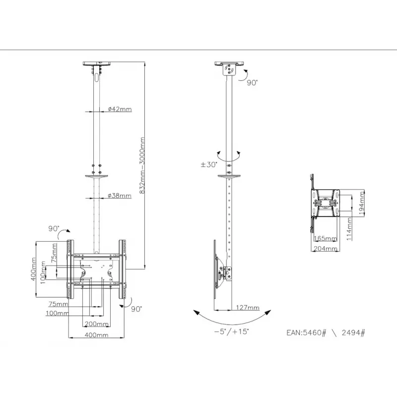 Multibrackets M Public Ceilingmount Medium Single 3000, 30 kg, 81.3 cm (32 tolli), 139.7 cm (55 tolli), 200 x 100 mm, 400 x 400 mm, 860 - 3130 mm