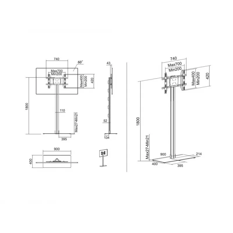Multibrackets Display Stand M 180 Single Must põrandaalusega