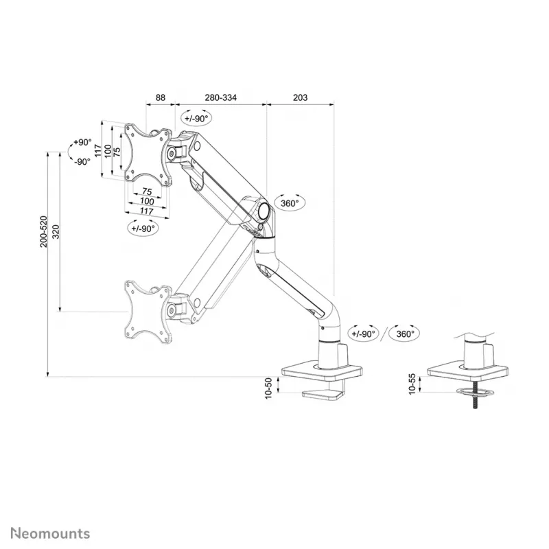 Neomounts DS70S-950WH1 monitorivars 17-49 tolli - gaasvedru - Topfix - 180°-peatus