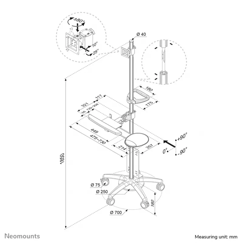 Neomounts FPMA-MOBILE1800 mobiilne tööjaam 10-27 tolli