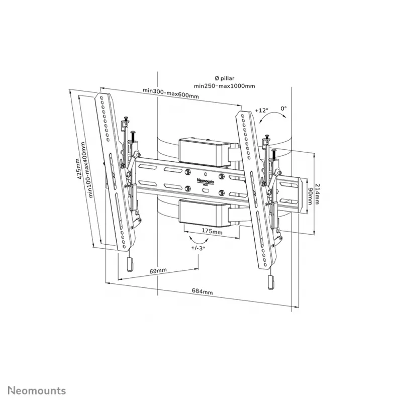 Neomounts WL35S-910BL16 TV-postikinnitus 40-75 tolli - kallutatav - lukustatav - läbimõõt 25-100 cm