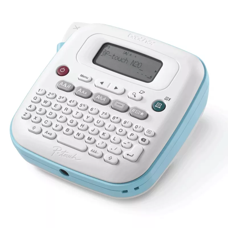 Sildiprinter Brother PT-N20 — termoülekanne, 180×180 DPI, maks laius 12 mm, printimiskiirus 12 mm/s, LCD, valge/sinine