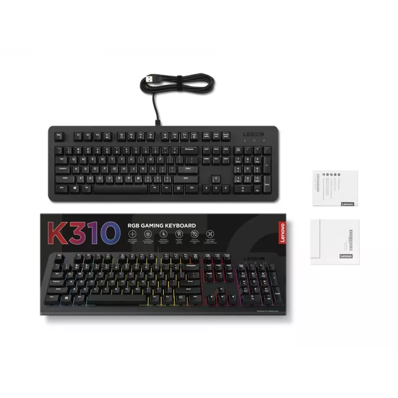 Juhtmega mänguklaviatuur Lenovo K310 — Täissuuruses 100%, USB, USA inglise, RGB-taustvalgustus, must, 1,8 m kaabel