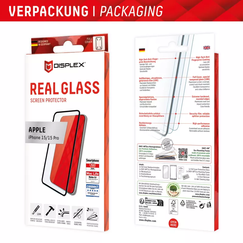 Displex Full Cover ekraanikaitseklaas (10H) Apple iPhone 15/15 Pro jaoks, Eco paigaldusraam, Full Cover