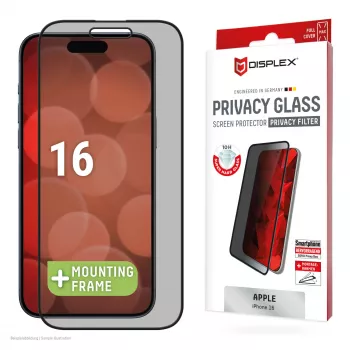 Displexi privaatsusekraani kaitse (10H) Apple iPhone 16 jaoks, Eco kinnitusraam, privaatsusfilter