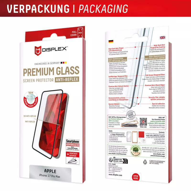 Displexi Premium ekraanikaitseklaas (Full Cover, 10H) Apple iPhone 17 Pro Max jaoks, Eco paigaldusraam, Full Cover