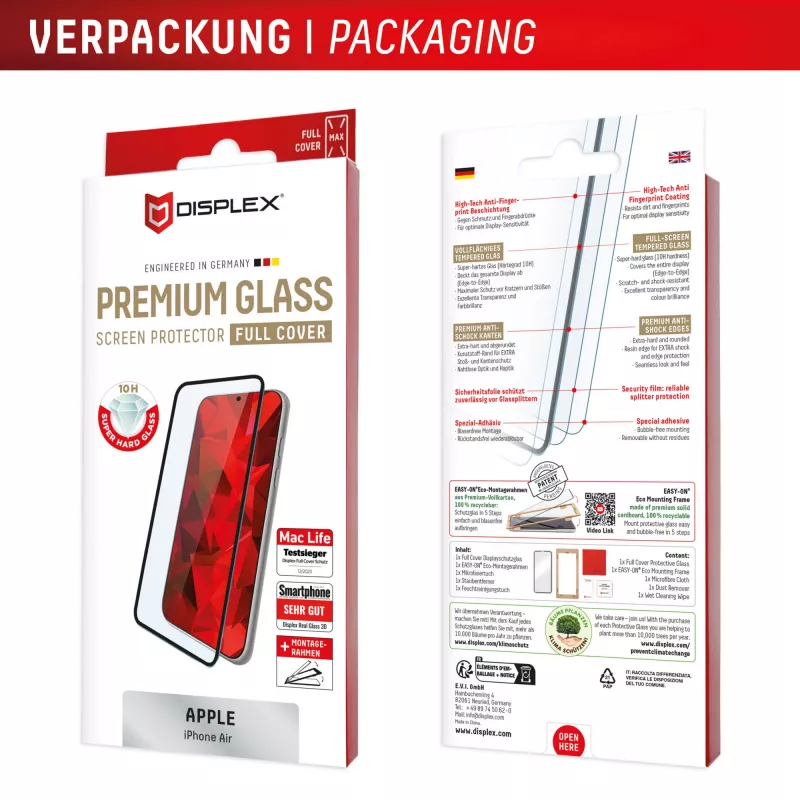 Displex Premium Screen Protector (Full Cover, 10H) Apple iPhone Air, Eco Mounting Frame, Full Cover