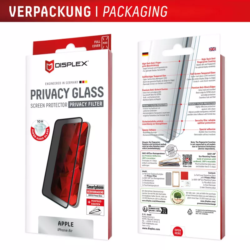 Displex Privacy Screen Protector (10H) Apple iPhone Air jaoks, Eco Mounting Frame, privaatsusfilter