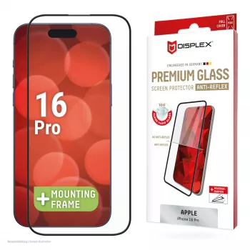 Displex Premium Anti-Reflex ekraanikaitse (peegeldusvastane täiskate, 10H) Apple iPhone 16 Pro jaoks, Eco paigaldusraam, täiskate