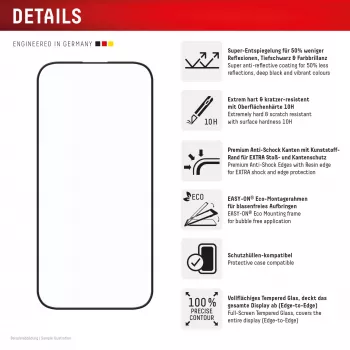 Displex Premium Anti-Reflex ekraanikaitse (peegeldusvastane täiskate, 10H) Apple iPhone 16 Pro jaoks, Eco paigaldusraam, täiskate
