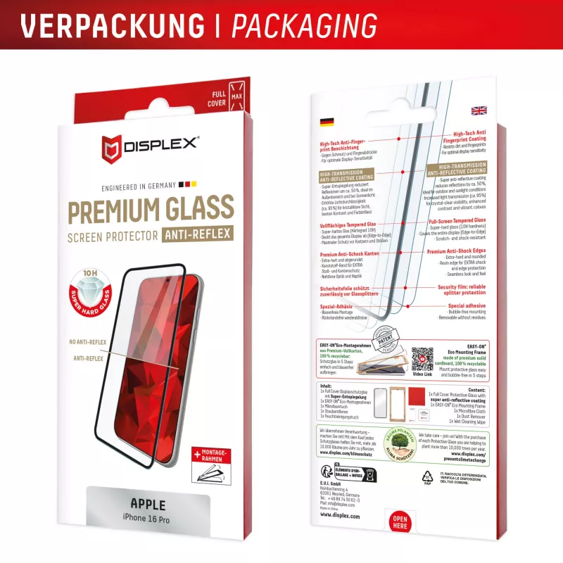 Displex Premium Anti-Reflex ekraanikaitse (peegeldusvastane täiskate, 10H) Apple iPhone 16 Pro jaoks, Eco paigaldusraam, täiskate