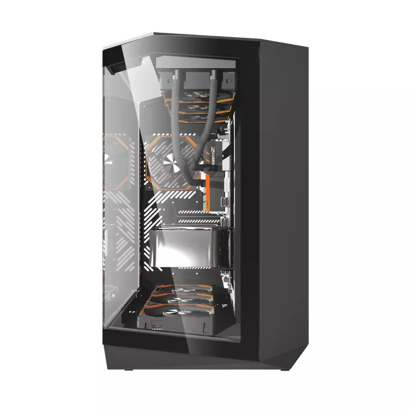 Arvutikorpus Darkflash DY470 Full Tower — must, SPCC, toetab ITX/ATX, HDD 3.5 tolli/2.5 tolli, 1x taga 120 mm, 120 mm küljeventilaatorid