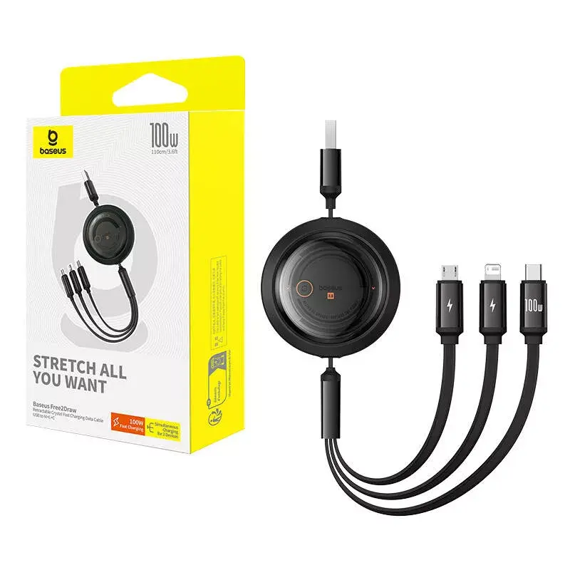 USB 3-in-1 kaabel Baseus Free2Draw (USB-A to Micro USB + Lightning + USB-C), 100W, 1,1 m, must