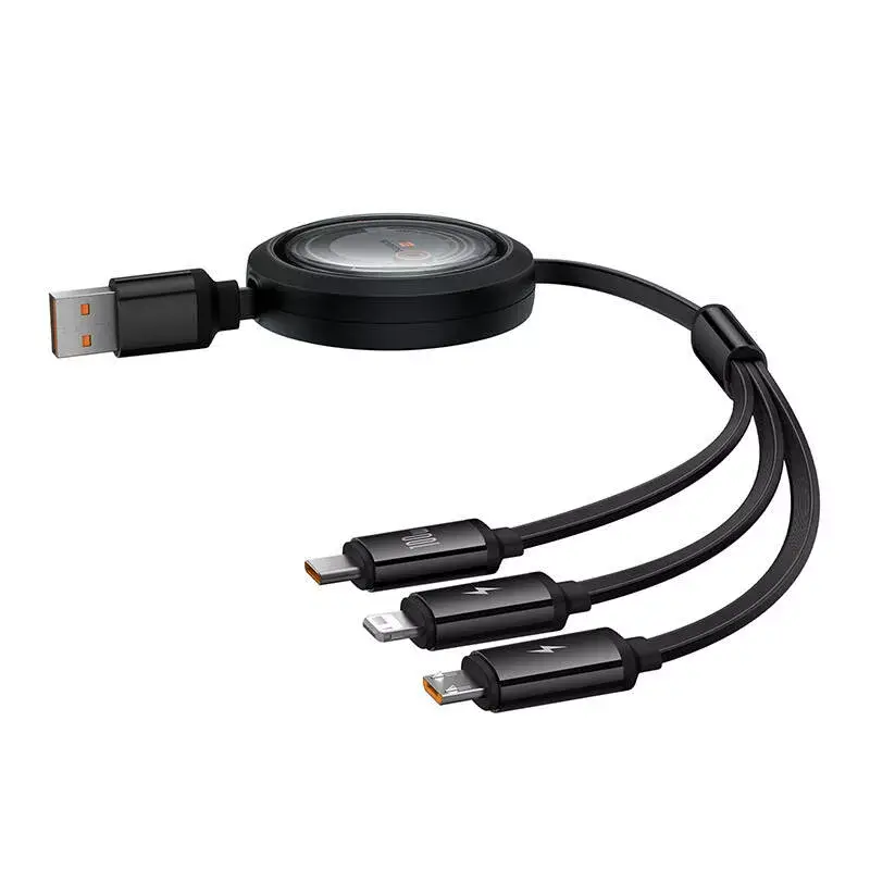 USB 3-in-1 kaabel Baseus Free2Draw (USB-A to Micro USB + Lightning + USB-C), 100W, 1,1 m, must